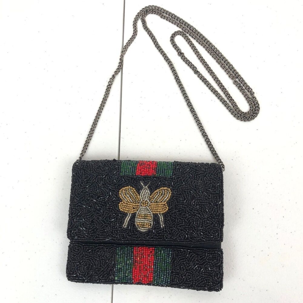 Italian Designer Inspired Beaded Queen Bee Clutch Crossbody Bag Black Green Red